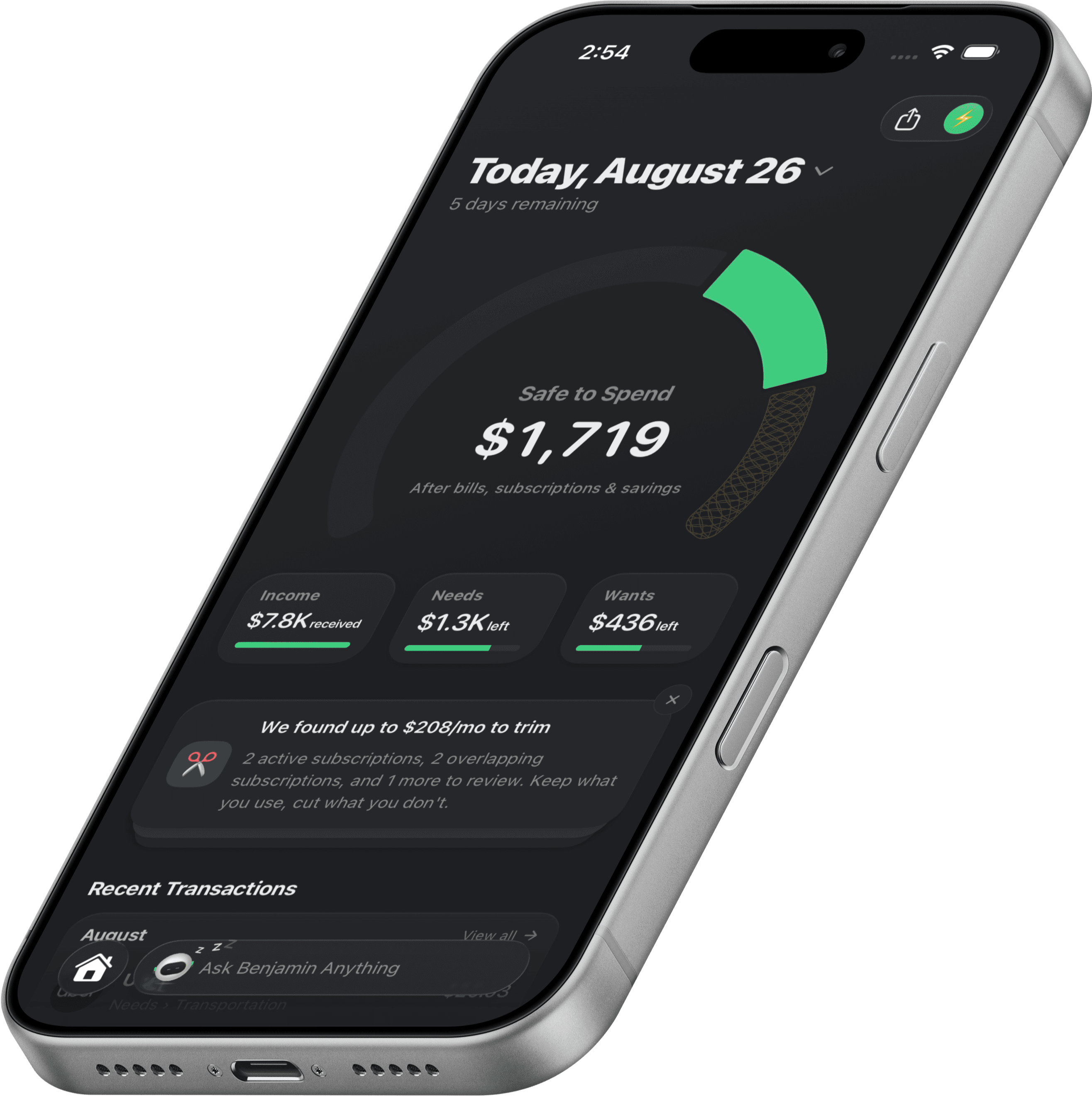 Wellthplan home screen showing today's safe-to-spend amount